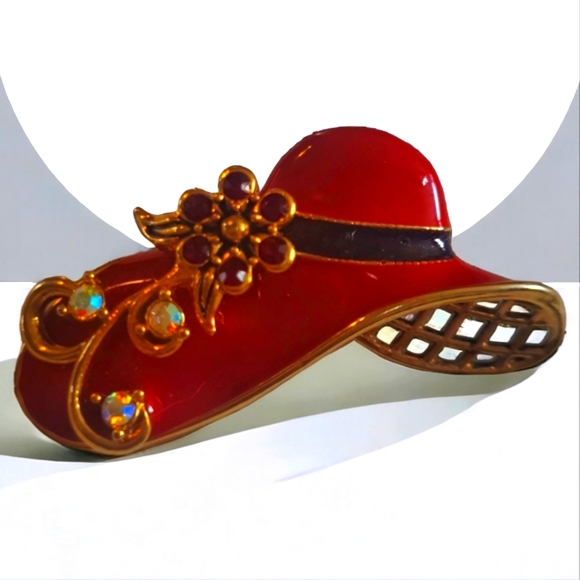 Avon Jewelry - Vtg Avon Jewelry Red Hat Society Brooch Pin Enamel Rhinestones Flower